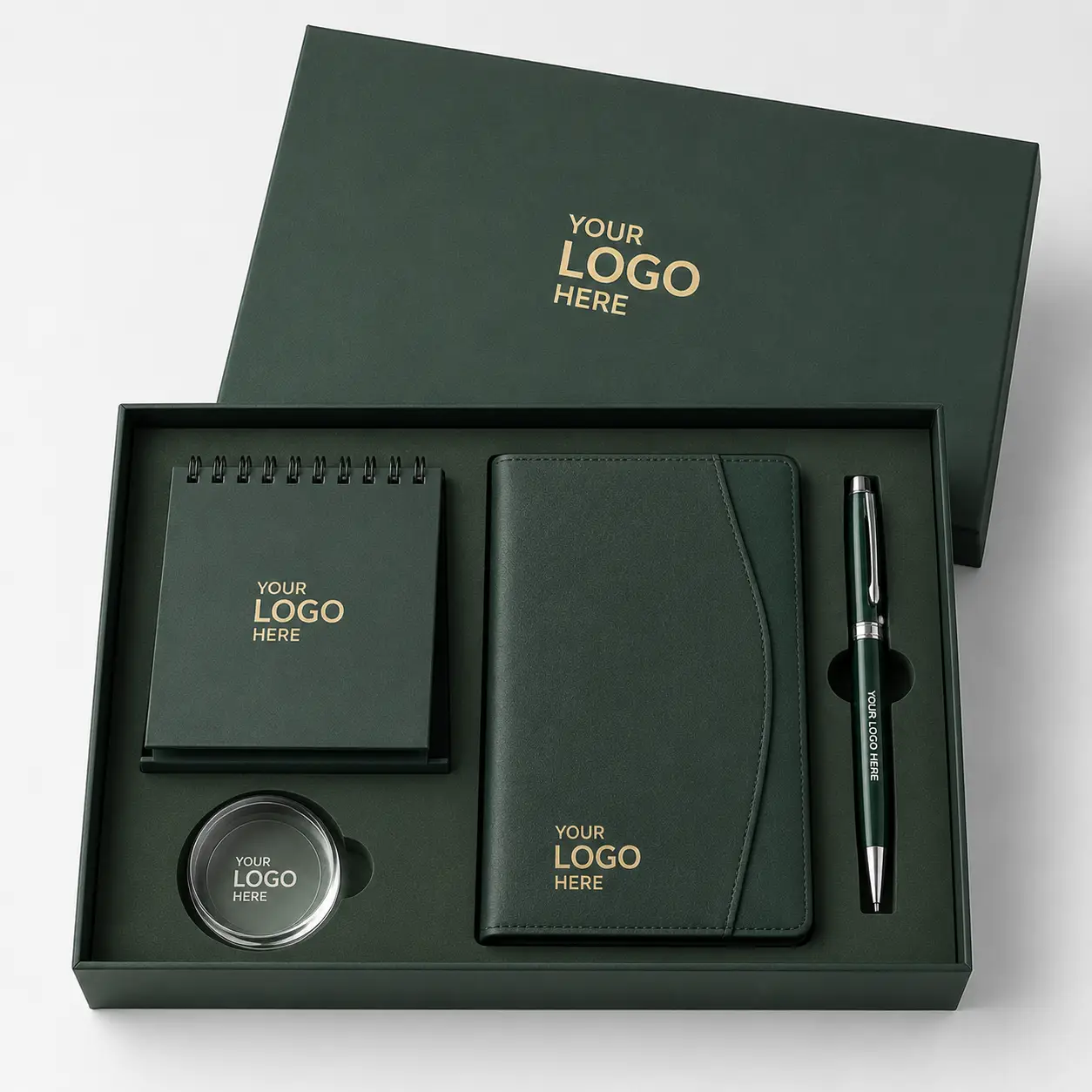 Corporate Gift Set with Desk Calender, Notepad, Pen & Crystal Paper Weight - Image 2